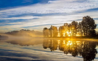 Sunset lake trees fog reflection - sunrise free wallpaper for desktop