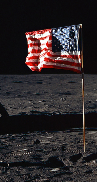 Flag on moon man telescope - free space wallpaper for mobile