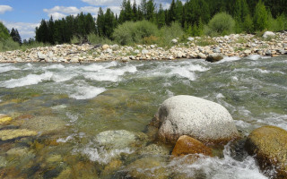 River rocks water trees sky - river free wallpaper