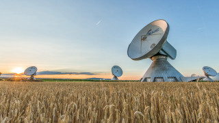 Satellite dishes wheat sunset clouds - 8k artistic photography free wallpaper