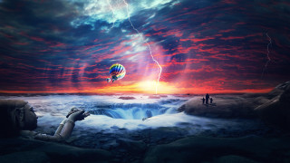 Fantasy man flying kite waterfall - a painting of a man free wallpaper for desktop