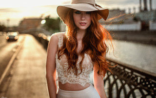 Red haired woman bridge water - a white top free wallpaper for desktop