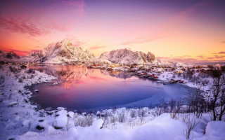Lake snow mountains town sunset - a sunset in the background free wallpaper