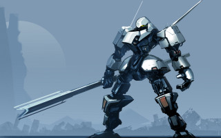 Robot sword mountain city blue - mecha free wallpaper