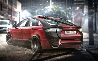 Red car surfboard city street - the back of its free wallpaper