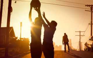 Basketball street sunset silhouette utility - the sun setting behind them free wallpaper for desktop