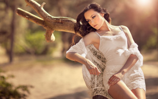 Woman white dress woods sun - sun free wallpaper for desktop