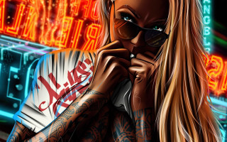 Tattooed woman neon city cyberpunk - a neon sign behind her free wallpaper