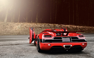 Red sports car forest tall - the side of the road next free wallpaper