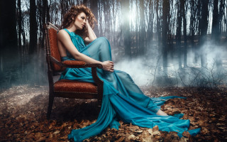 Woman blue dress forest fog - fashion photography free wallpaper
