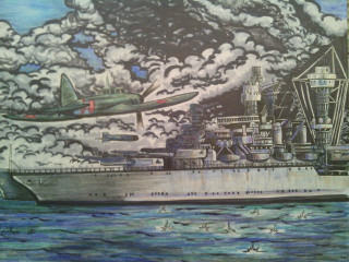 Battleship plane flying sky painting - carl walter liner free wallpaper