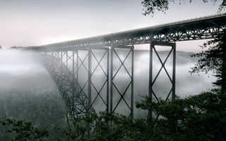 Bridge fog trees clouds nature - alson s. clark free wallpaper