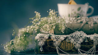 Table cup vase flowers lace - free vintage wallpaper