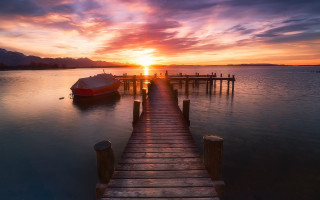 Dock boat sunset clouds beach - the sky and a boat free wallpaper