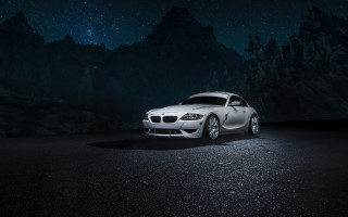White car night mountains starry - a white car free wallpaper