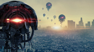 Futuristic city hotairballoons redlight bio - free sci-fi wallpaper