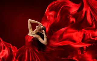 Red dress woman wind flying - a red cloth free wallpaper