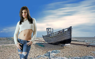 Woman beach boat sky city - the shore free wallpaper