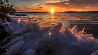 Sunset water ice trees clouds - a sunset over a body of water free wallpaper