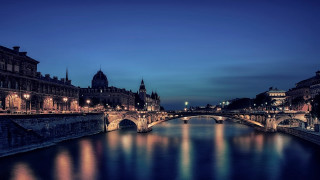 Night city river bridge skyline - paris school free wallpaper