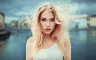 Blonde woman water boat photorealistic - a boat in the background free wallpaper for desktop