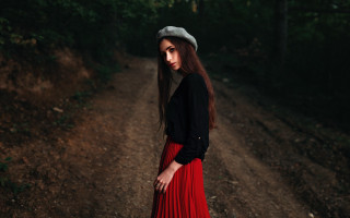Woman red skirt hat forest - a dirt road free wallpaper