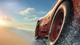 Cartoon car beach ocean pier - a sun setting free wallpaper