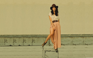 Woman hat dress ledge suitcase - her hand and a hat free wallpaper