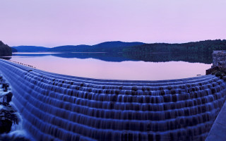 Waterfall lake dusk landart bridge - a lake in the background free wallpaper