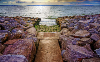 Stone walkway ocean rocks cloudy - a stone walkway free wallpaper for desktop