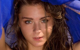 Woman blue umbrella scarf photorealistic - charlotte harding free wallpaper