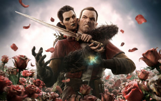 Man holding woman rose field - his hand and a sky background free wallpaper