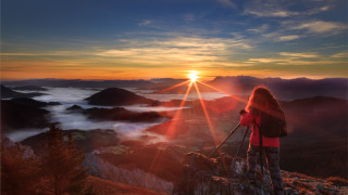 Woman mountain sunset clouds lake - top of a mountain free wallpaper