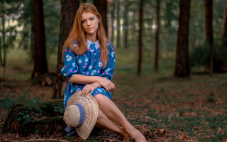 Woman forest blue dress hat - the ground in a forest free wallpaper