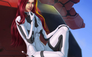 Futuristic suit woman helmet gun - her hand and a helmet free wallpaper