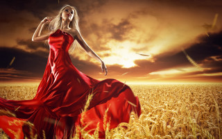 Woman red dress wheat sunset - a field of wheat free wallpaper for desktop
