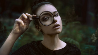 Woman magnifyingglass sky forest realistic - facial feature free wallpaper for desktop