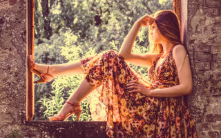 Woman dress window sill autumn - fashion photoshoot free wallpaper for desktop