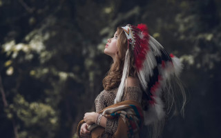 Woman nativeamerican headdress forest photorealistic - a forest free wallpaper