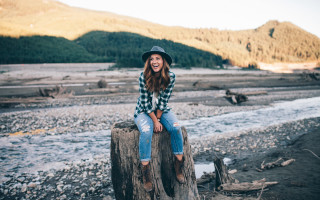 Woman tree stump river mountains - claire hummel free wallpaper for desktop