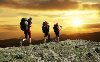 Mountain hiking sunset backsacks outdoors - their shoulder free wallpaper