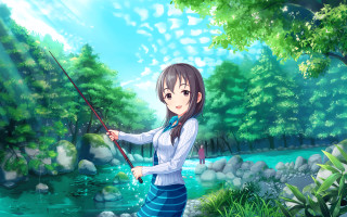 Girl fishing river nature impressionism - the center free wallpaper