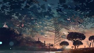 Sunset powerlines trees cityscape moon - a painting of a sunset free wallpaper