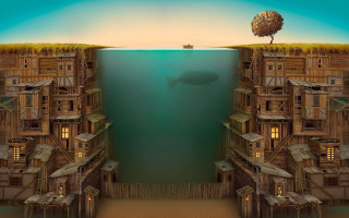 Surreal city tree shark swimming - surrealist free wallpaper for desktop