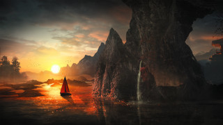 Boat mountain sunset waterfall fantasy - a boat free wallpaper for desktop