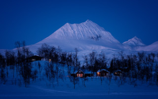 Snowy mountain house foreground trees - a snowy mountain free wallpaper