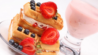 Waffle stack strawberries blueberries milk - a glass of milk free wallpaper