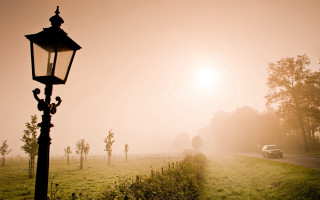 Car road lamppost field trees - the fog free wallpaper for desktop