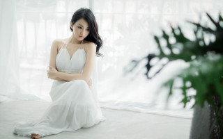Woman white dress sitting plant 2 - a floor next free wallpaper