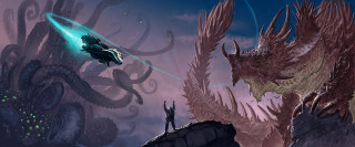 Man flying monster purple sky - the air next free wallpaper